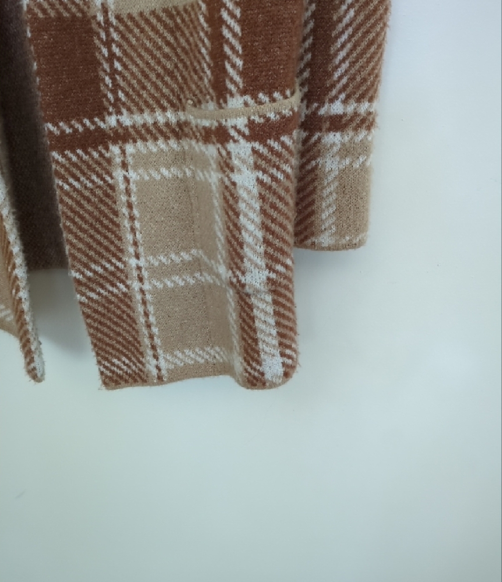Cato Cozy Plaid Open Longline Cardigan - Camel & Cream - Picture 3 of 7